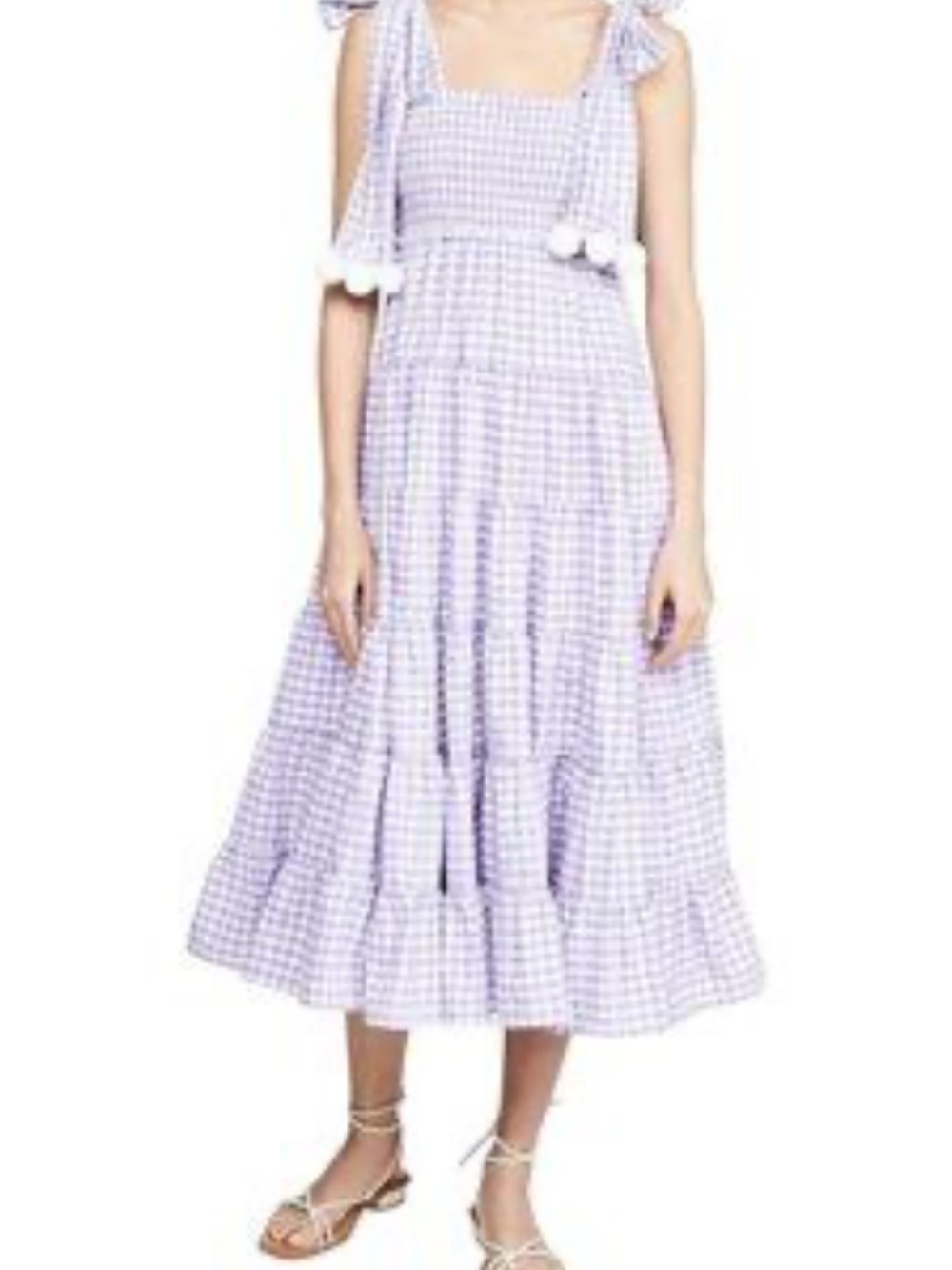 Smocked Gingham Midi Dress with Tie Straps - Lavender